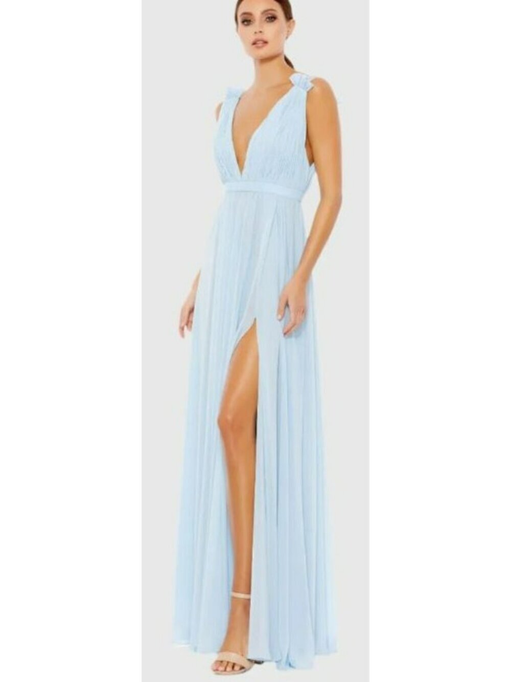 Mac Duggal Pleated Slit Baby Blue Formal Gown Maxi Dress Size 4 NWT
